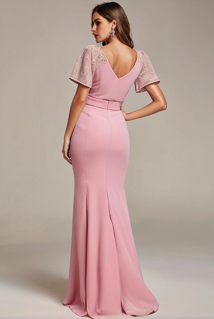 plus size front slit short sleeve with sequin mother of the bride dress 109477