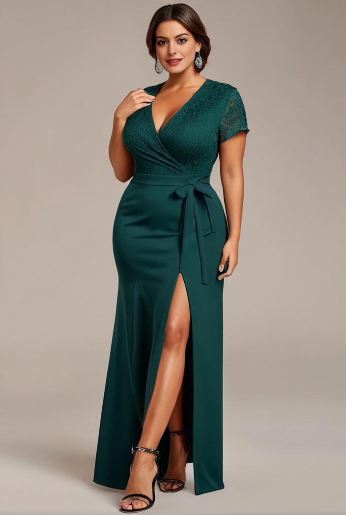 plus size front slit short sleeve with sequin mother of the bride dress 109485