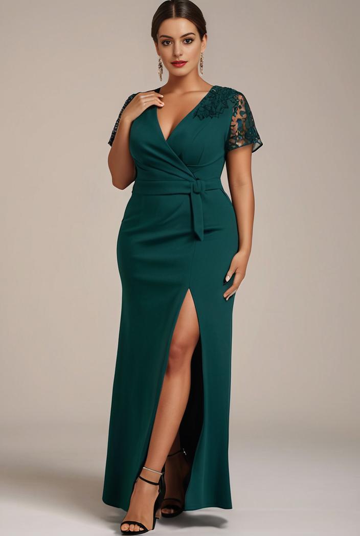 plus size front slit short sleeve with sequin mother of the bride dress 109486