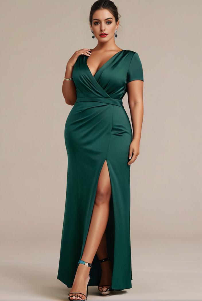 plus size front slit short sleeve with sequin mother of the bride dress 109489