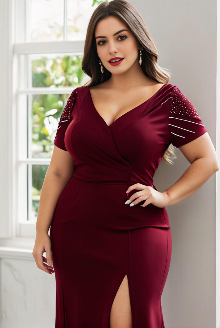plus size front slit short sleeve with sequin mother of the bride dress 109495