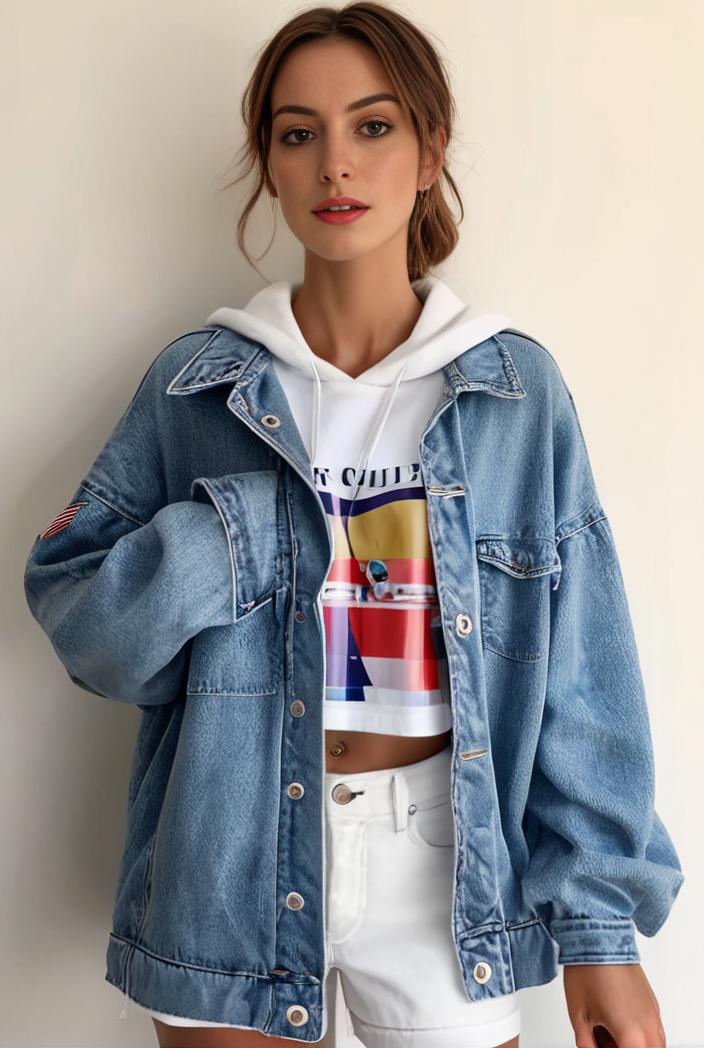 denim coat with flap pockets and lapel casual women s jacket in blue 147022