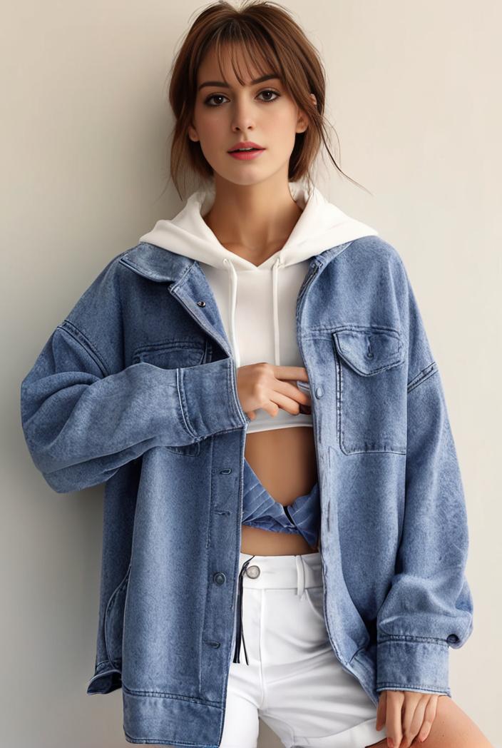 denim coat with flap pockets and lapel casual women s jacket in blue 147023