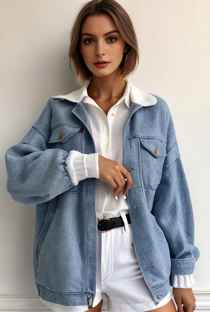 denim coat with flap pockets and lapel casual women s jacket in blue 147024