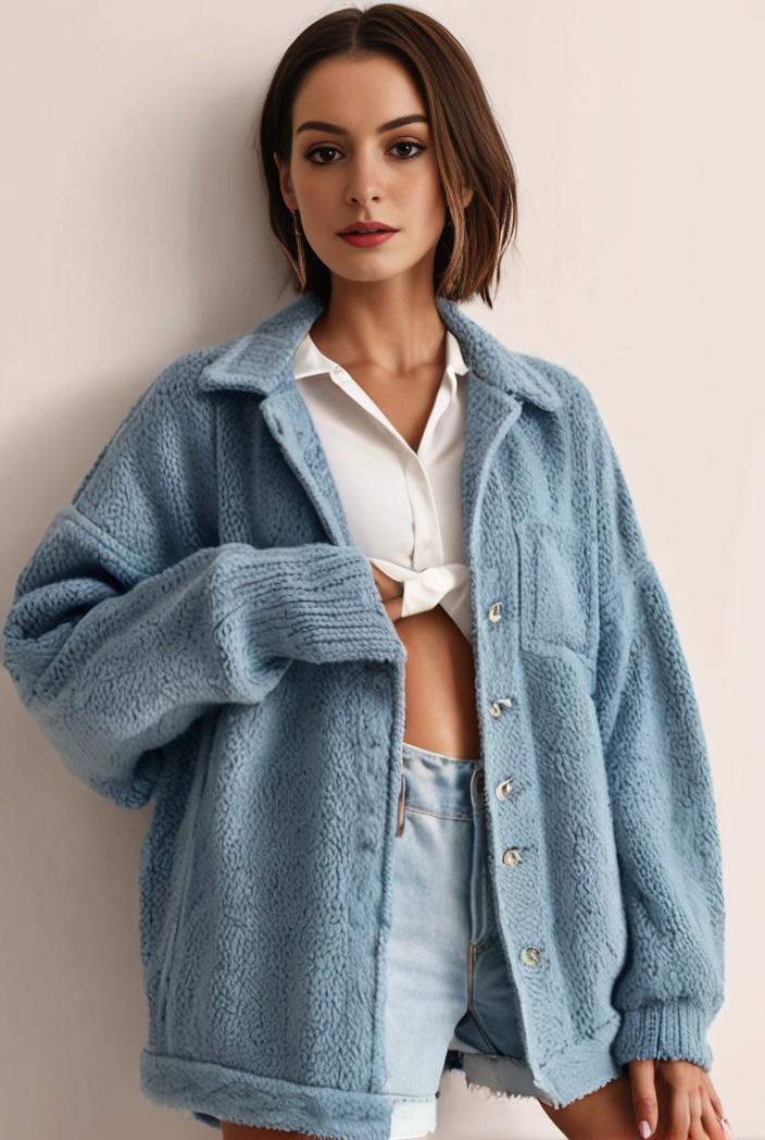 denim coat with flap pockets and lapel casual women s jacket in blue 147025