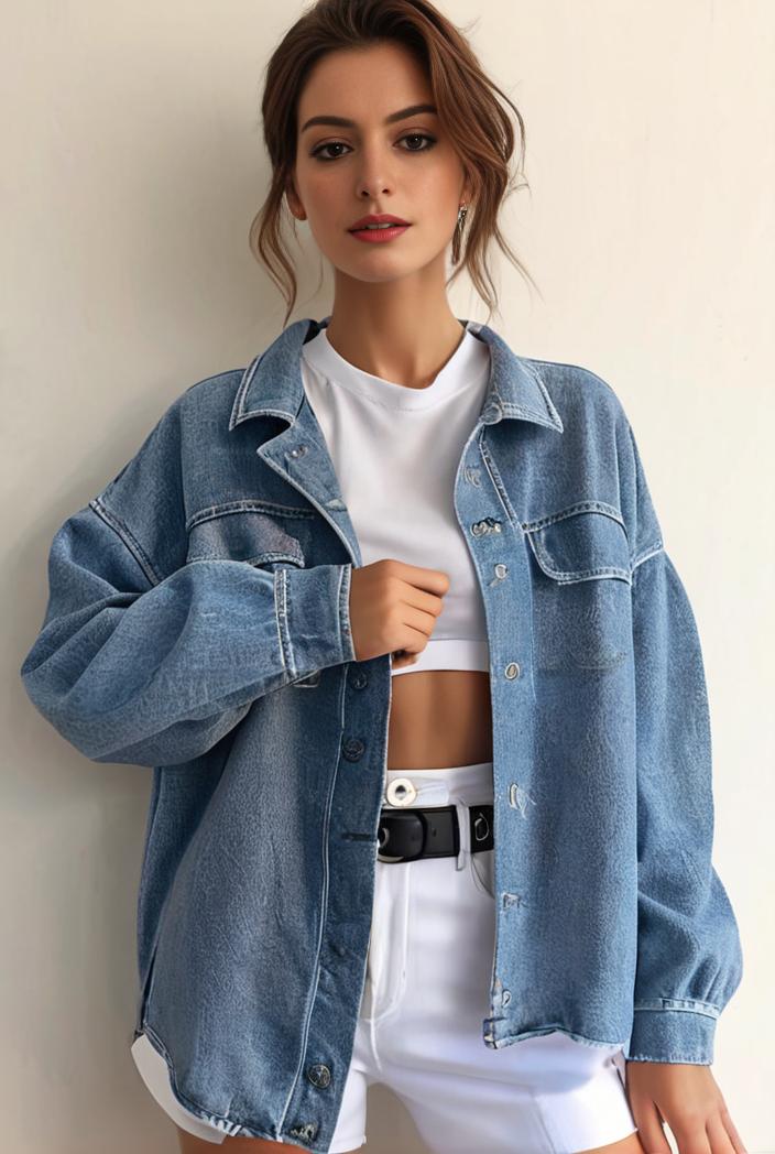 denim coat with flap pockets and lapel casual women s jacket in blue 147026