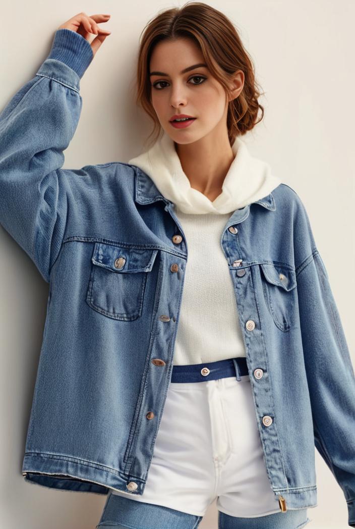 denim coat with flap pockets and lapel casual women s jacket in blue 147031
