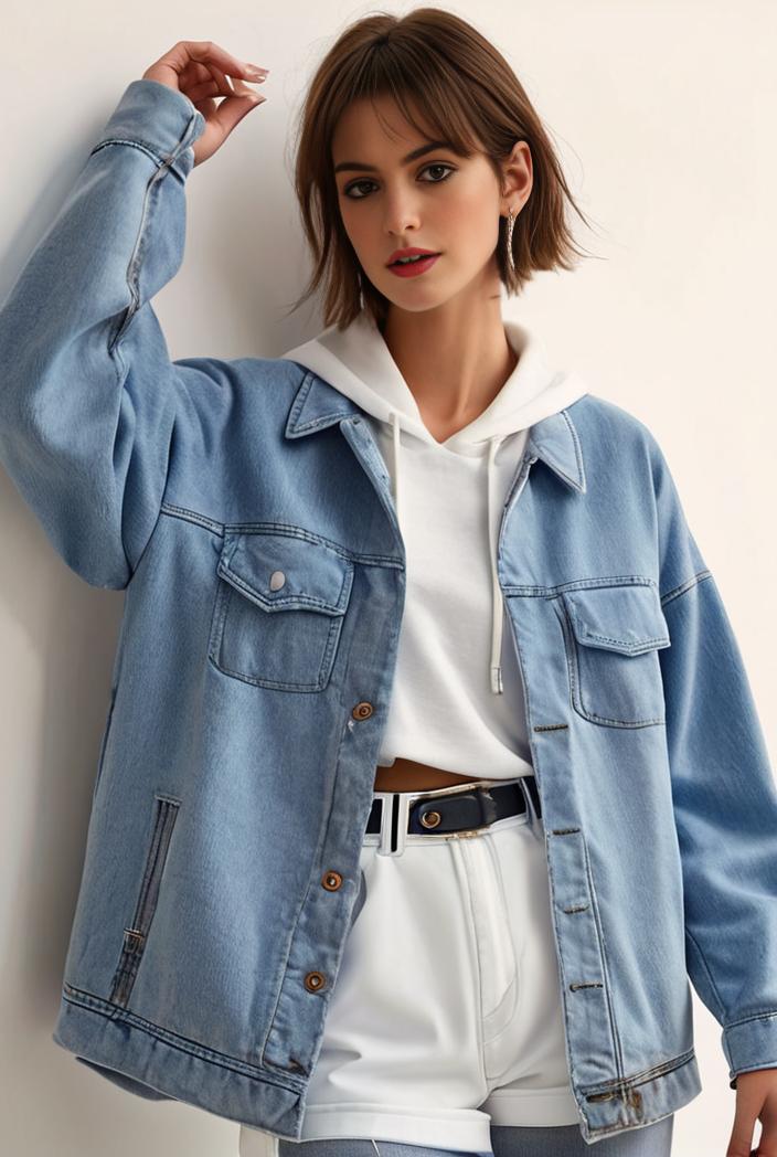denim coat with flap pockets and lapel casual women s jacket in blue 147036