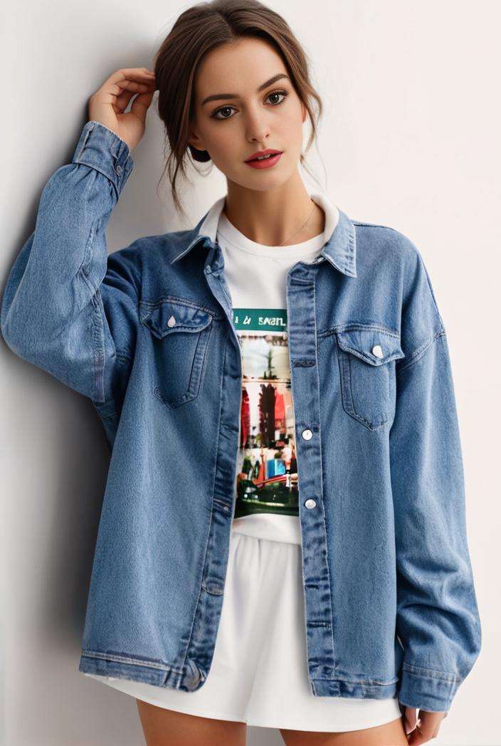 denim coat with flap pockets and lapel casual women s jacket in blue 147037