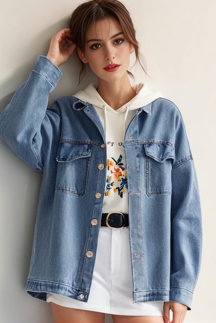 denim coat with flap pockets and lapel casual women s jacket in blue 147039