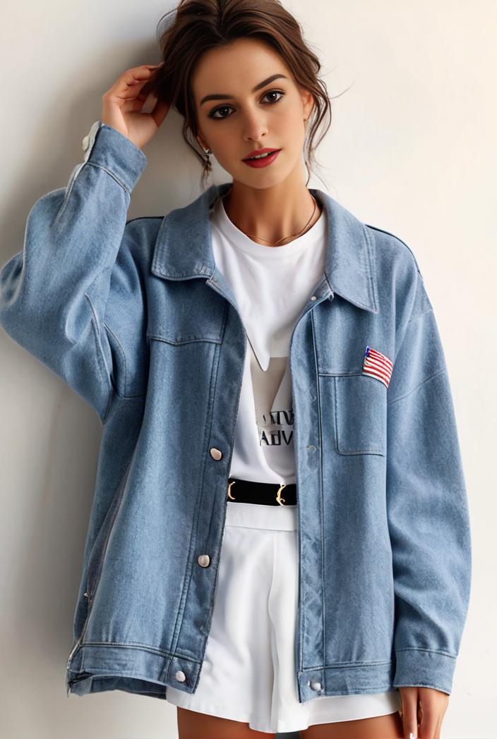 denim coat with flap pockets and lapel casual women s jacket in blue 147044