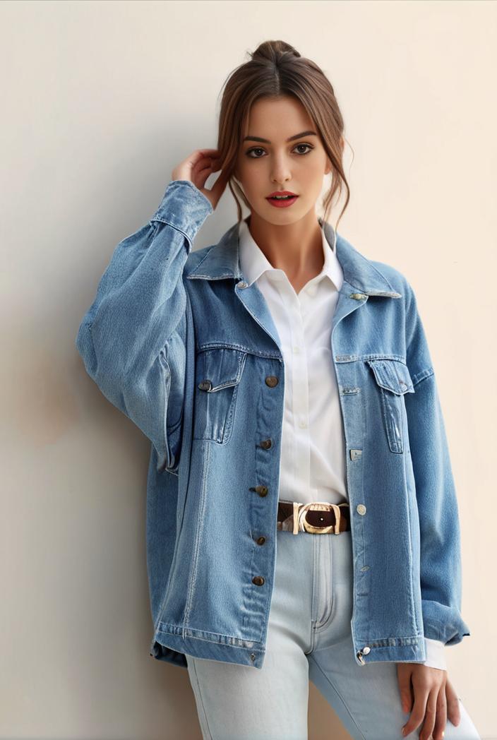 denim coat with flap pockets and lapel casual women s jacket in blue 147046