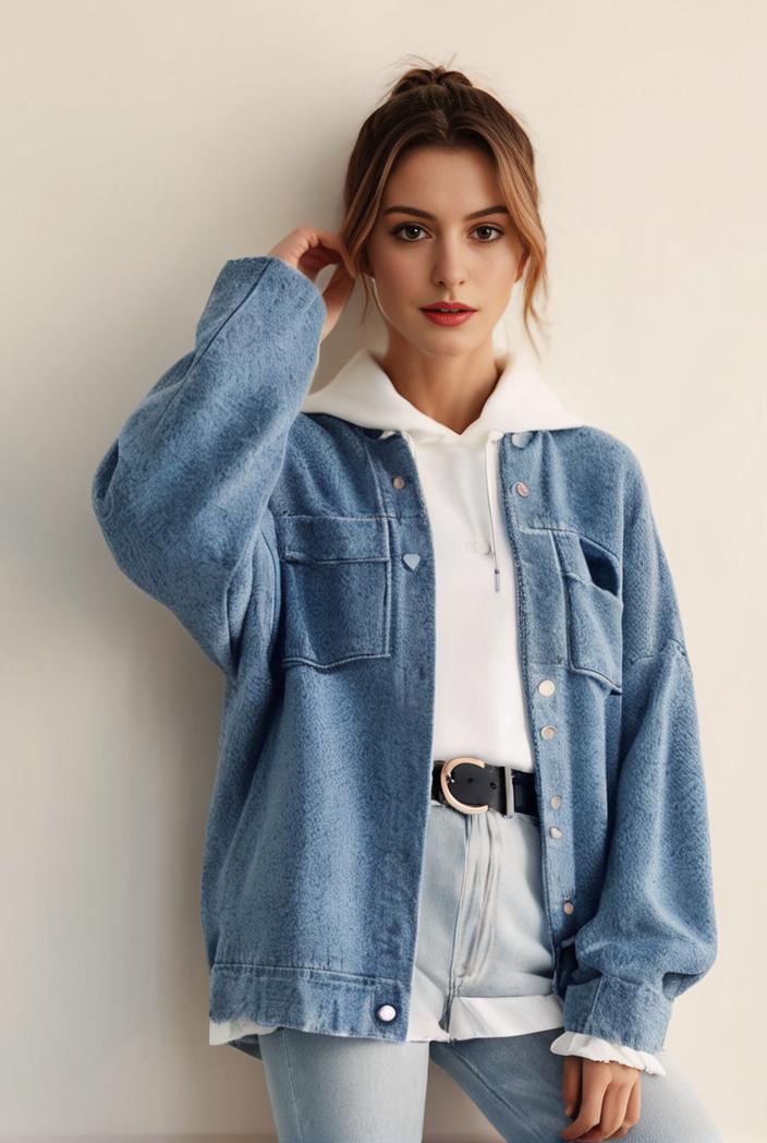 denim coat with flap pockets and lapel casual women s jacket in blue 147047