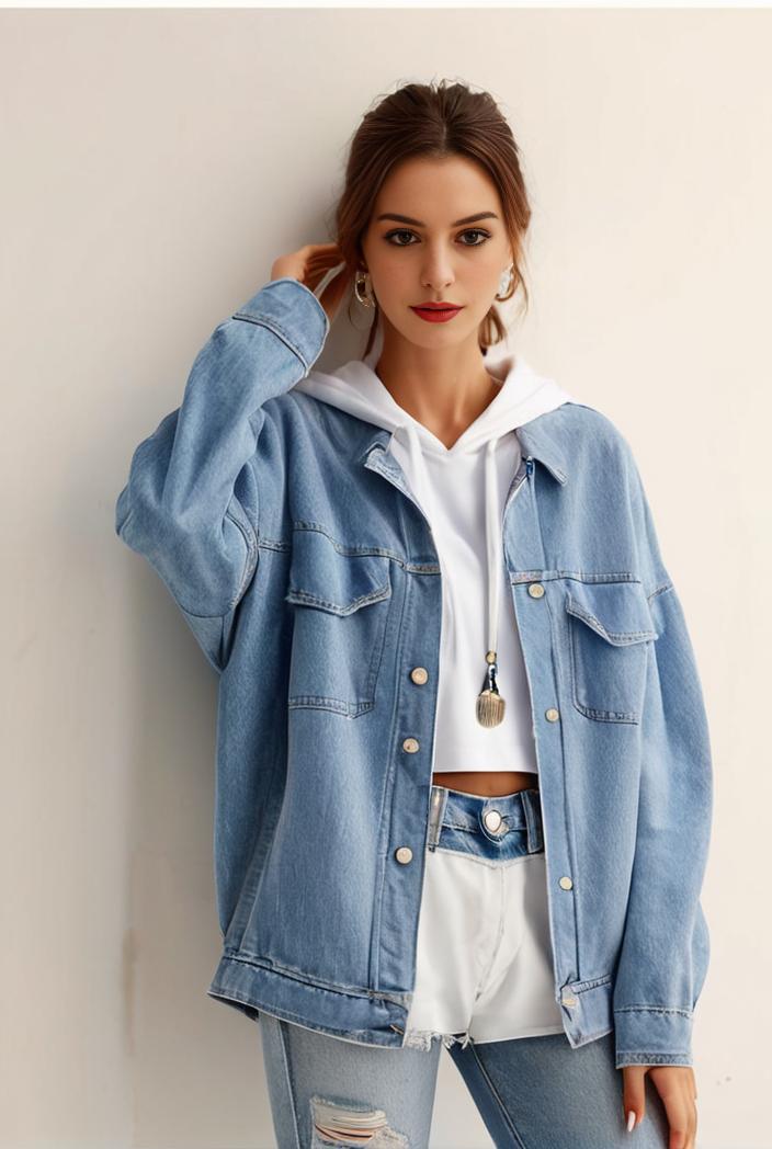 denim coat with flap pockets and lapel casual women s jacket in blue 147052