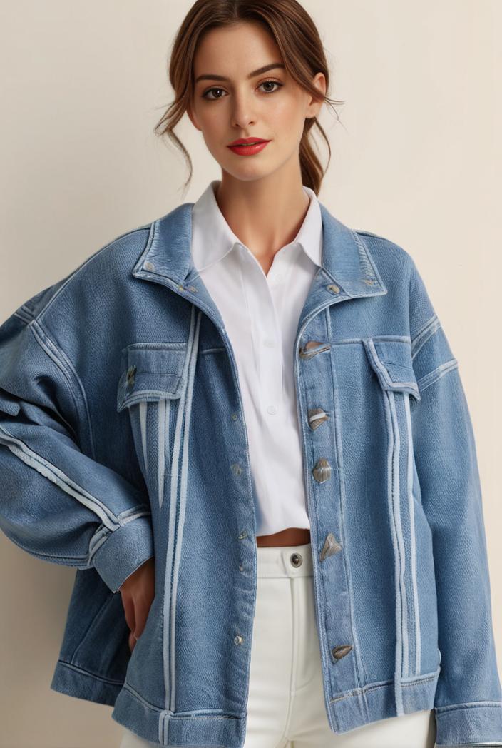denim coat with flap pockets and lapel casual women s jacket in blue 147054