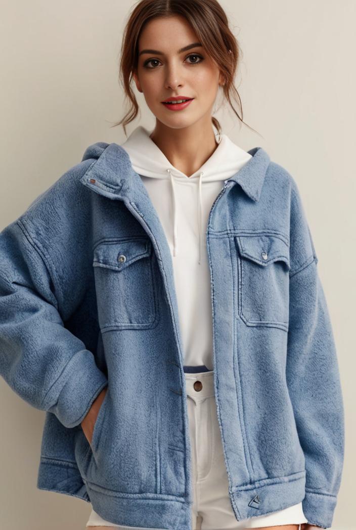 denim coat with flap pockets and lapel casual women s jacket in blue 147055