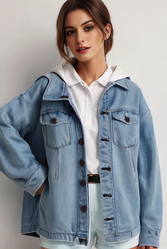 denim coat with flap pockets and lapel casual women s jacket in blue 147056