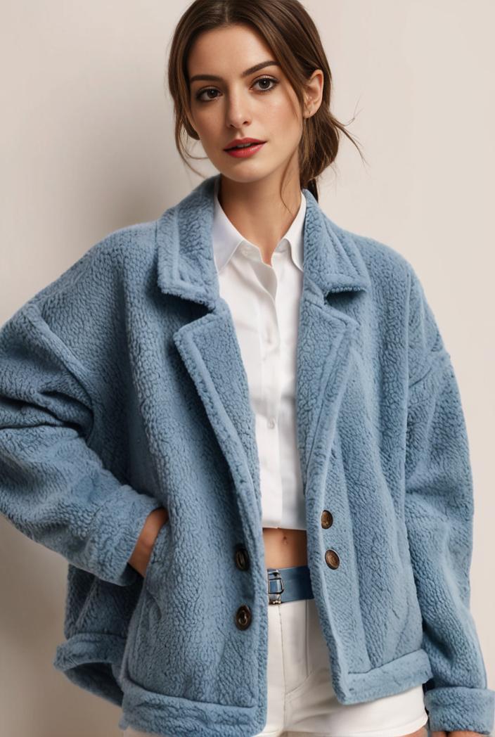denim coat with flap pockets and lapel casual women s jacket in blue 147057