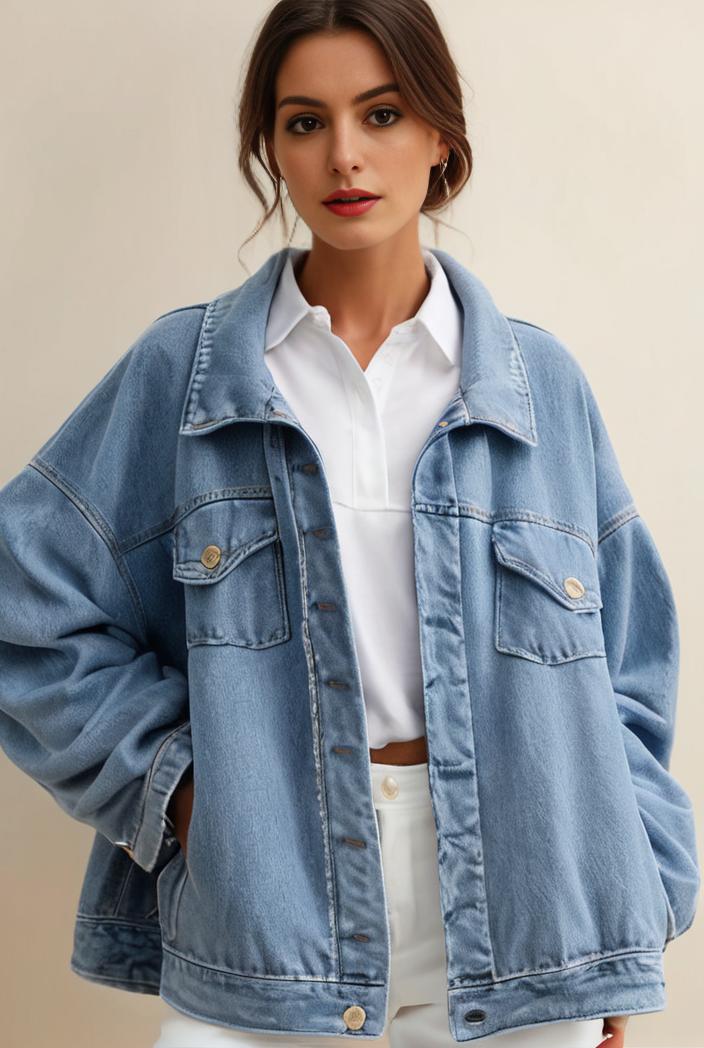 denim coat with flap pockets and lapel casual women s jacket in blue 147060