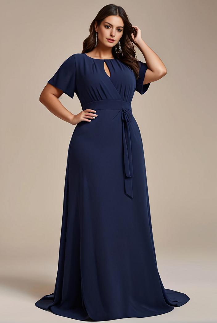 plus size simple chiffon pleated a line round neckline bridesmaid dress 111189