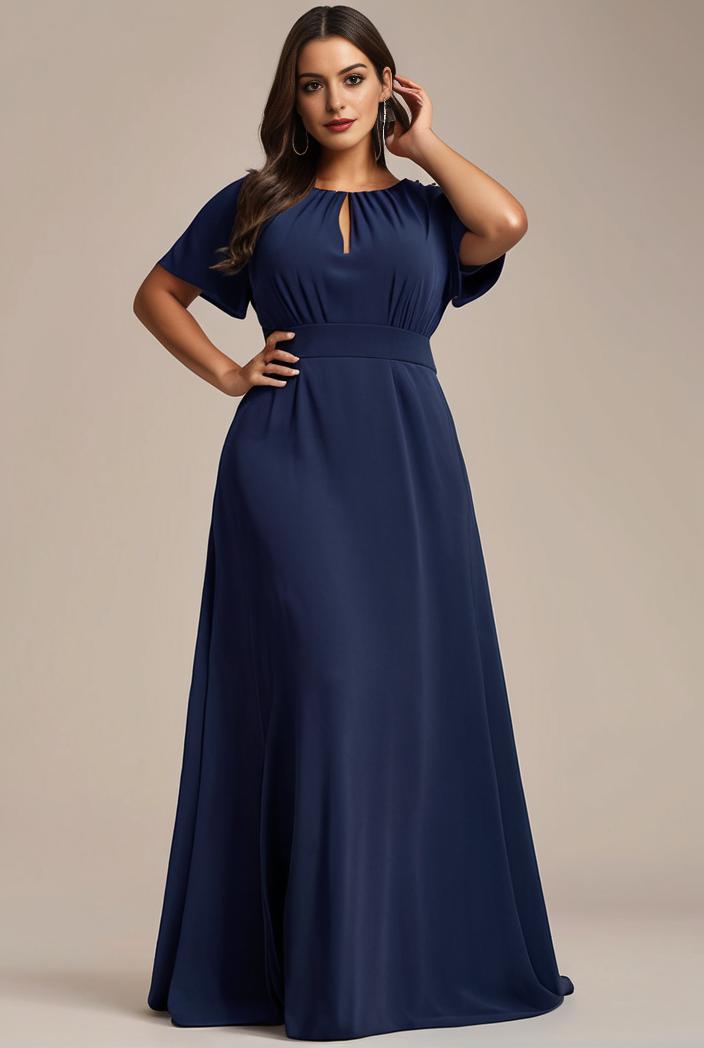 plus size simple chiffon pleated a line round neckline bridesmaid dress 111197