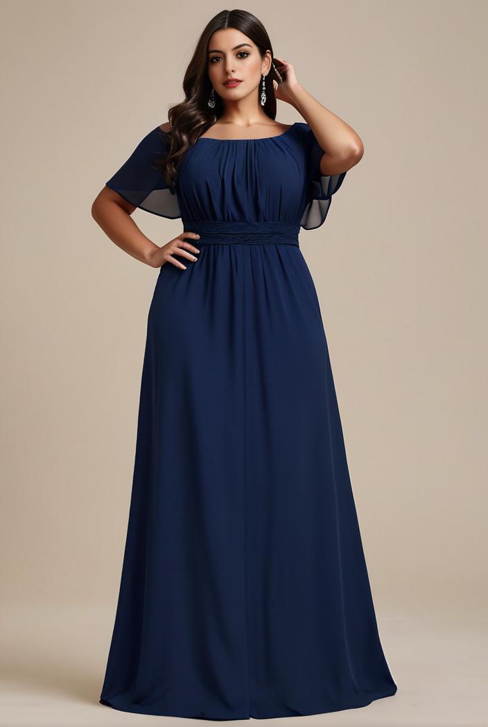 plus size simple chiffon pleated a line round neckline bridesmaid dress 111198