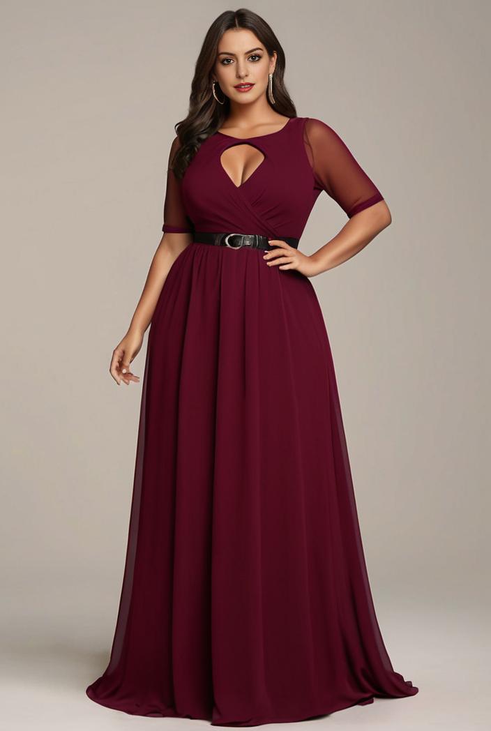 plus size simple chiffon pleated a line round neckline bridesmaid dress 111244