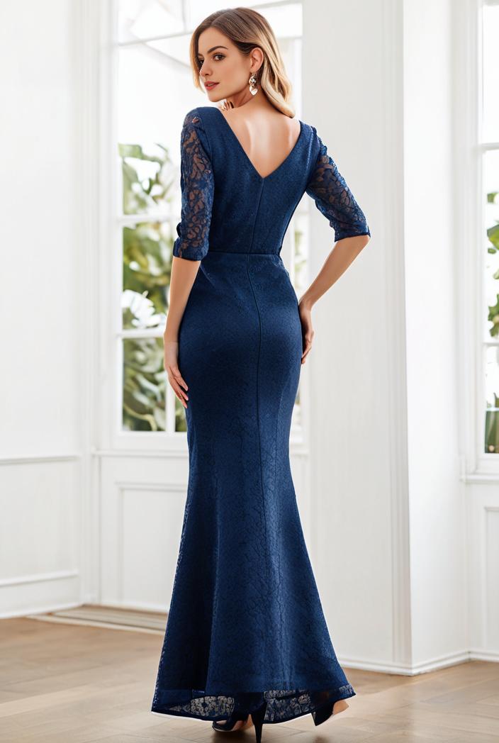 3 4 sleeve bodycon plunging back sequin evening dress 119229