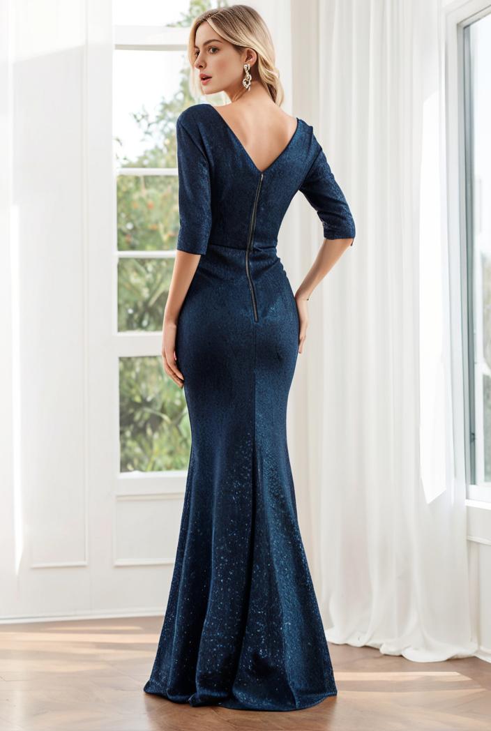 3 4 sleeve bodycon plunging back sequin evening dress 119232