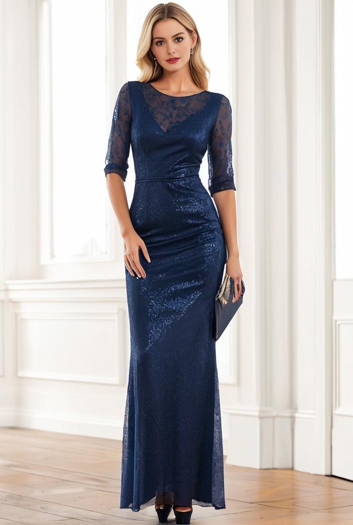 3 4 sleeve bodycon plunging back sequin evening dress 119236