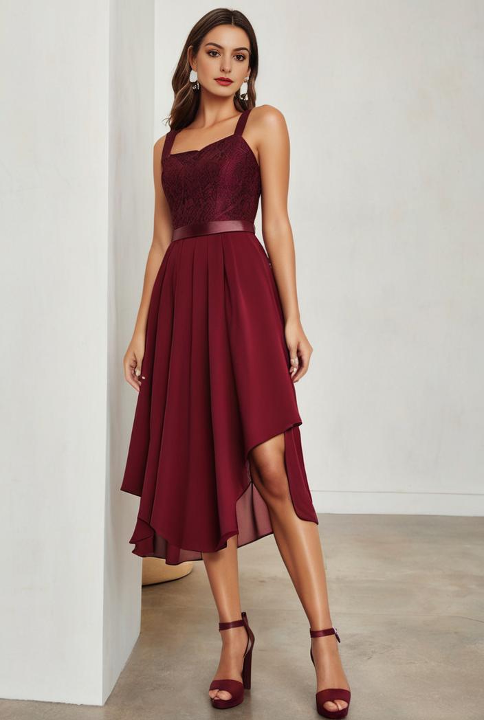 deep v neck lace chiffon bridesmaid dress with asymmetrical hem 120372