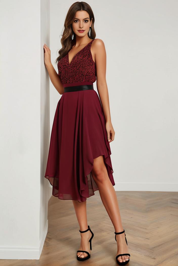 deep v neck lace chiffon bridesmaid dress with asymmetrical hem 120373