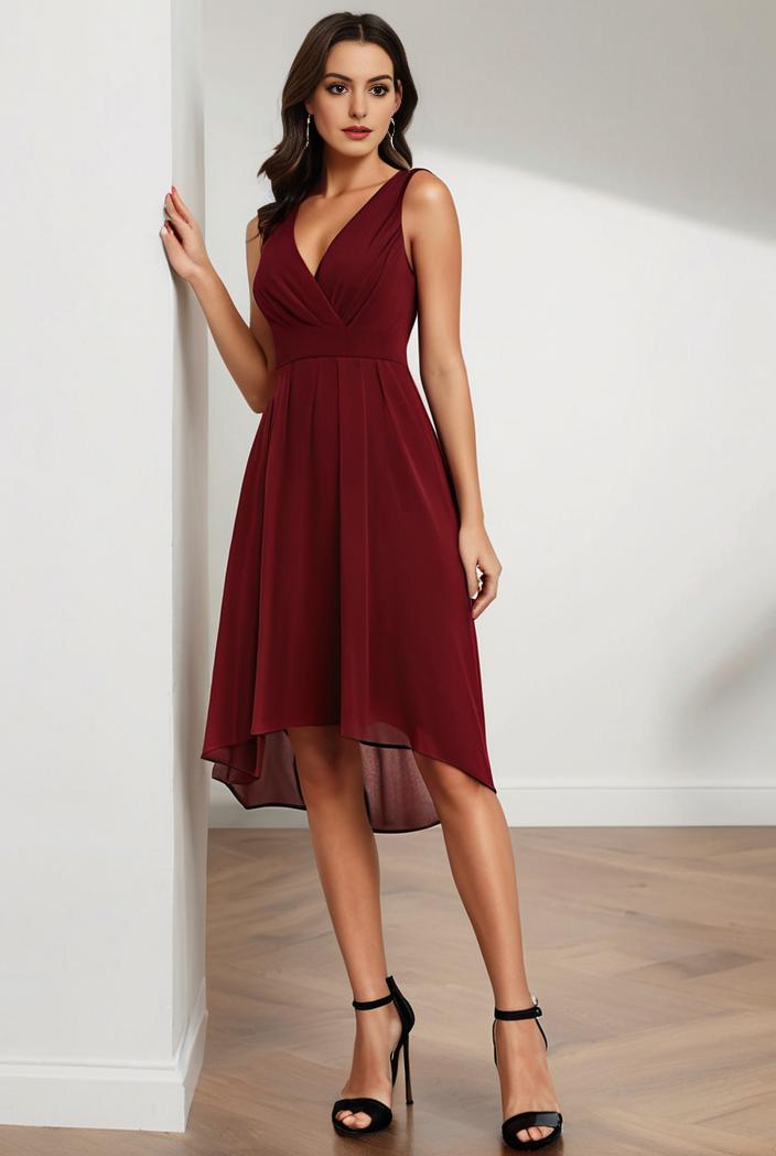 deep v neck lace chiffon bridesmaid dress with asymmetrical hem 120376