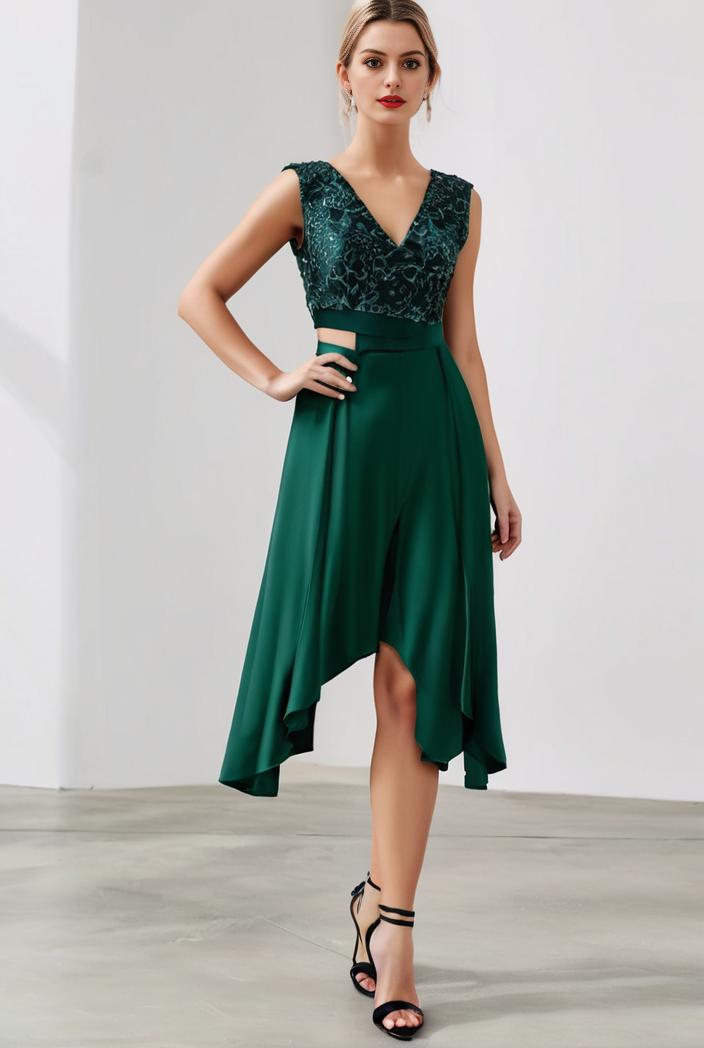 deep v neck lace chiffon bridesmaid dress with asymmetrical hem 120377