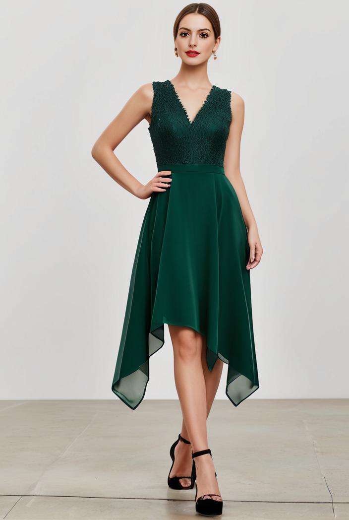 deep v neck lace chiffon bridesmaid dress with asymmetrical hem 120381