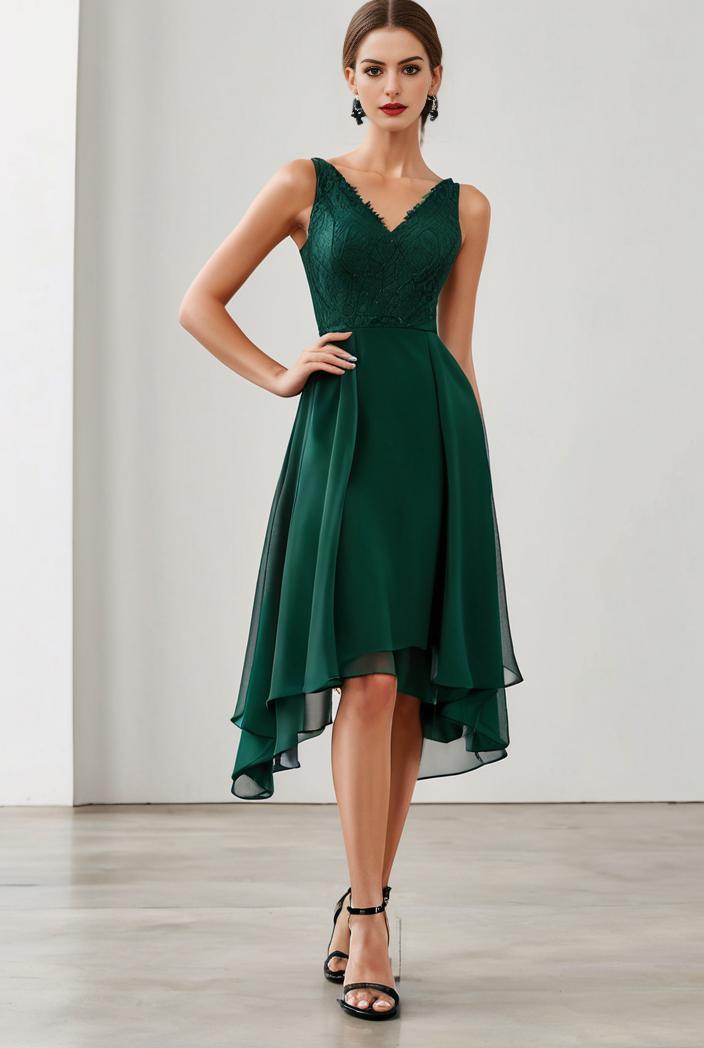 deep v neck lace chiffon bridesmaid dress with asymmetrical hem 120384