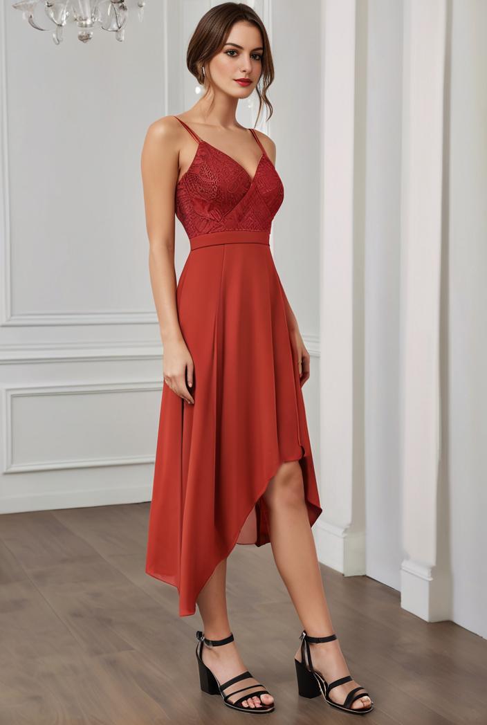 deep v neck lace chiffon bridesmaid dress with asymmetrical hem 120385