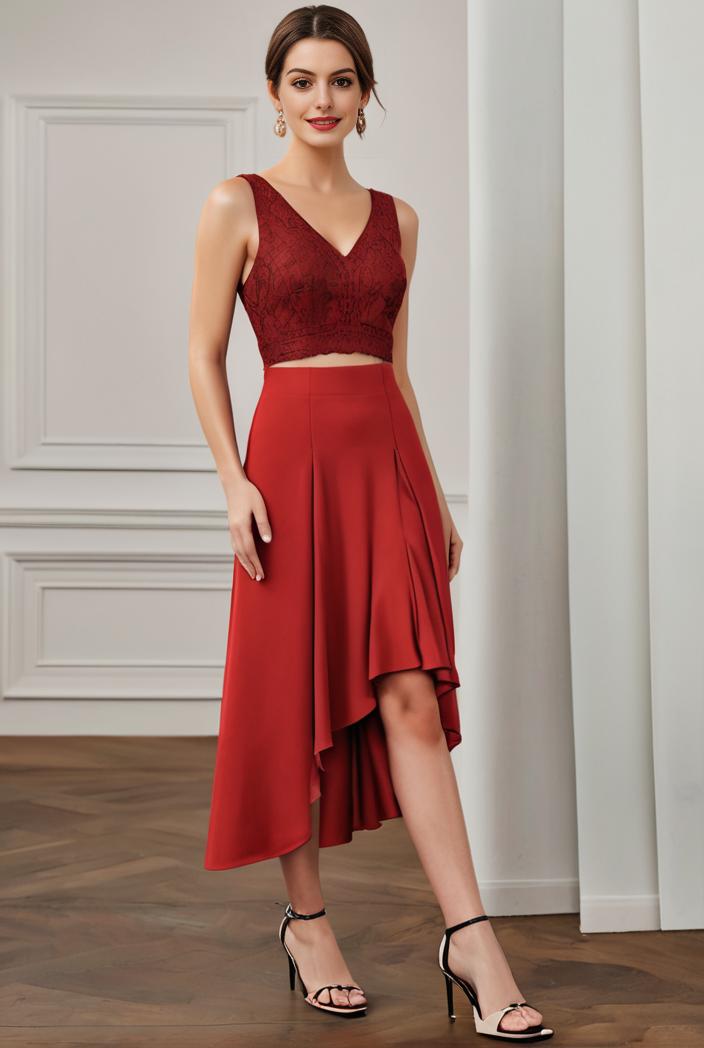 deep v neck lace chiffon bridesmaid dress with asymmetrical hem 120389