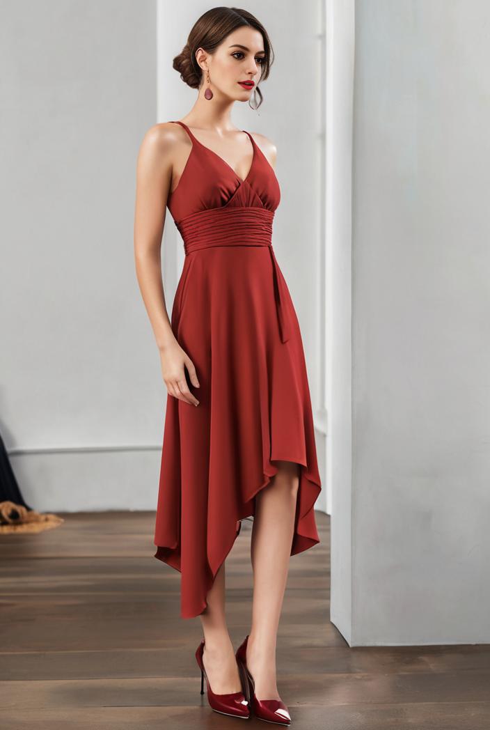 deep v neck lace chiffon bridesmaid dress with asymmetrical hem 120391
