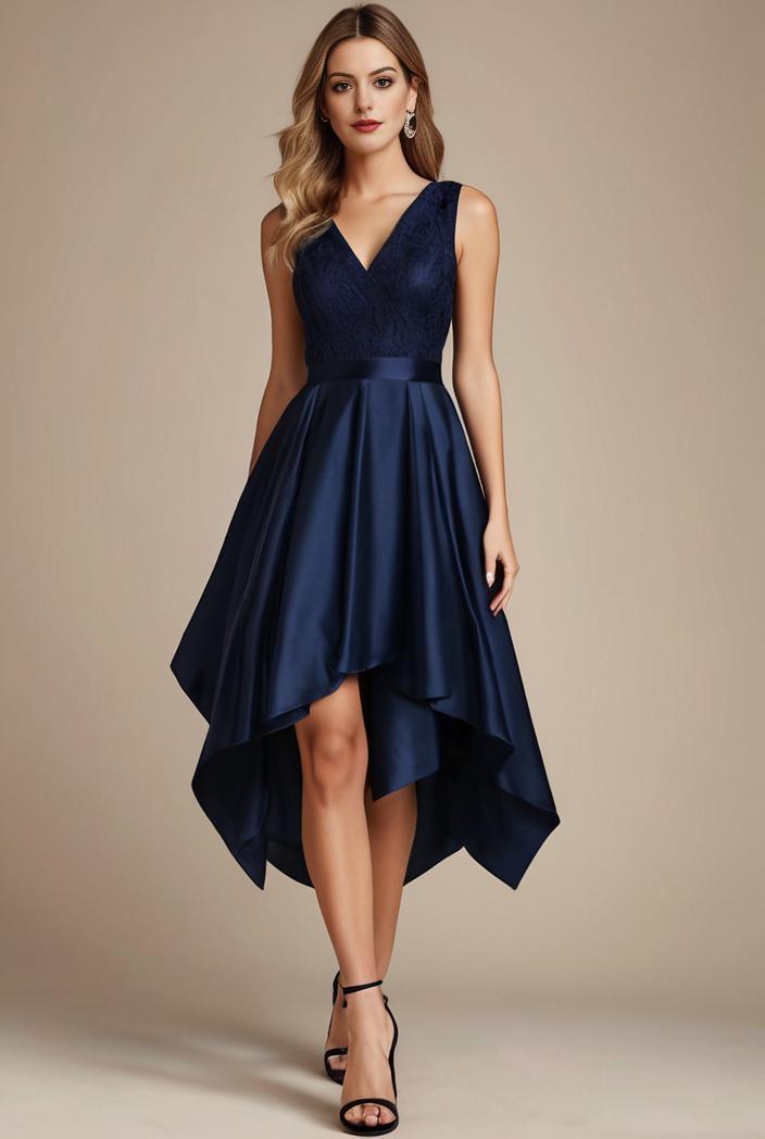 deep v neck lace chiffon bridesmaid dress with asymmetrical hem 120394