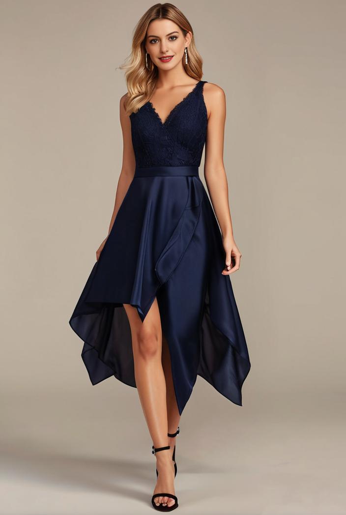 deep v neck lace chiffon bridesmaid dress with asymmetrical hem 120397