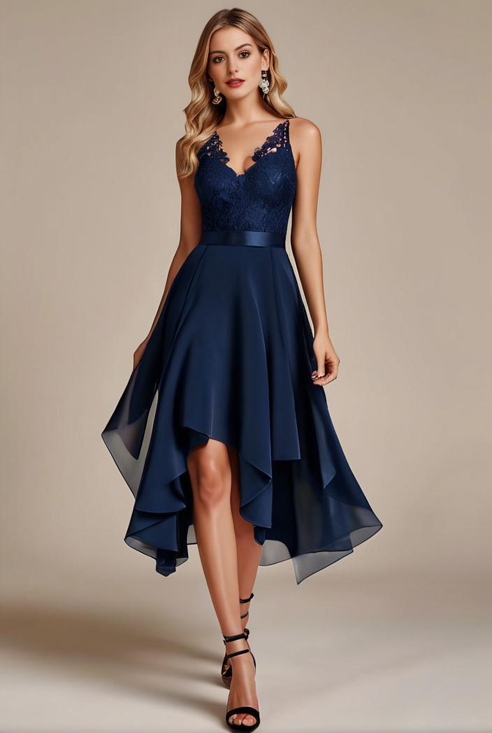 deep v neck lace chiffon bridesmaid dress with asymmetrical hem 120399