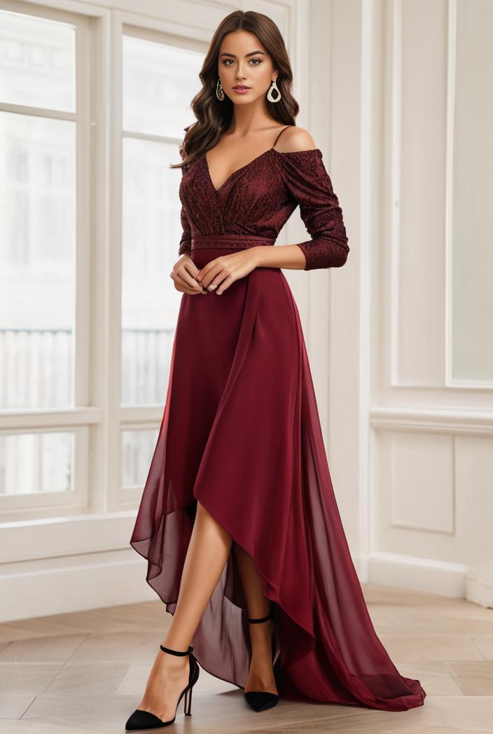 3 4 sleeve sheer sequin stripe high low hem evening dress 133029