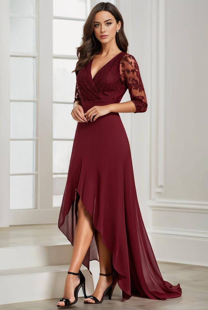 3 4 sleeve sheer sequin stripe high low hem evening dress 133031