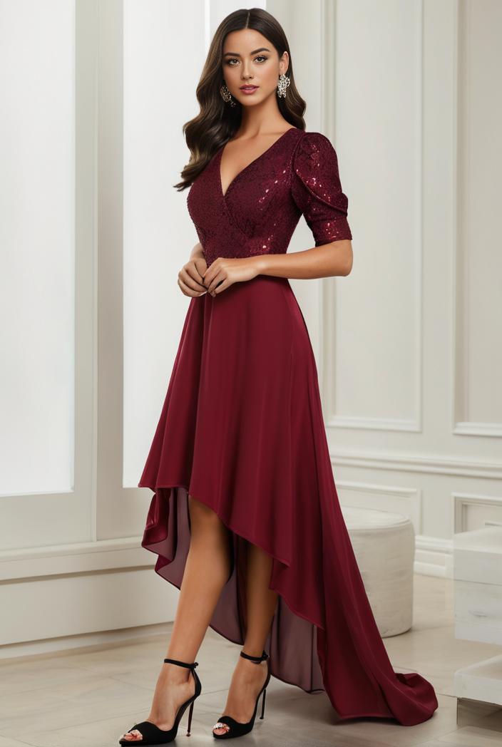 3 4 sleeve sheer sequin stripe high low hem evening dress 133037