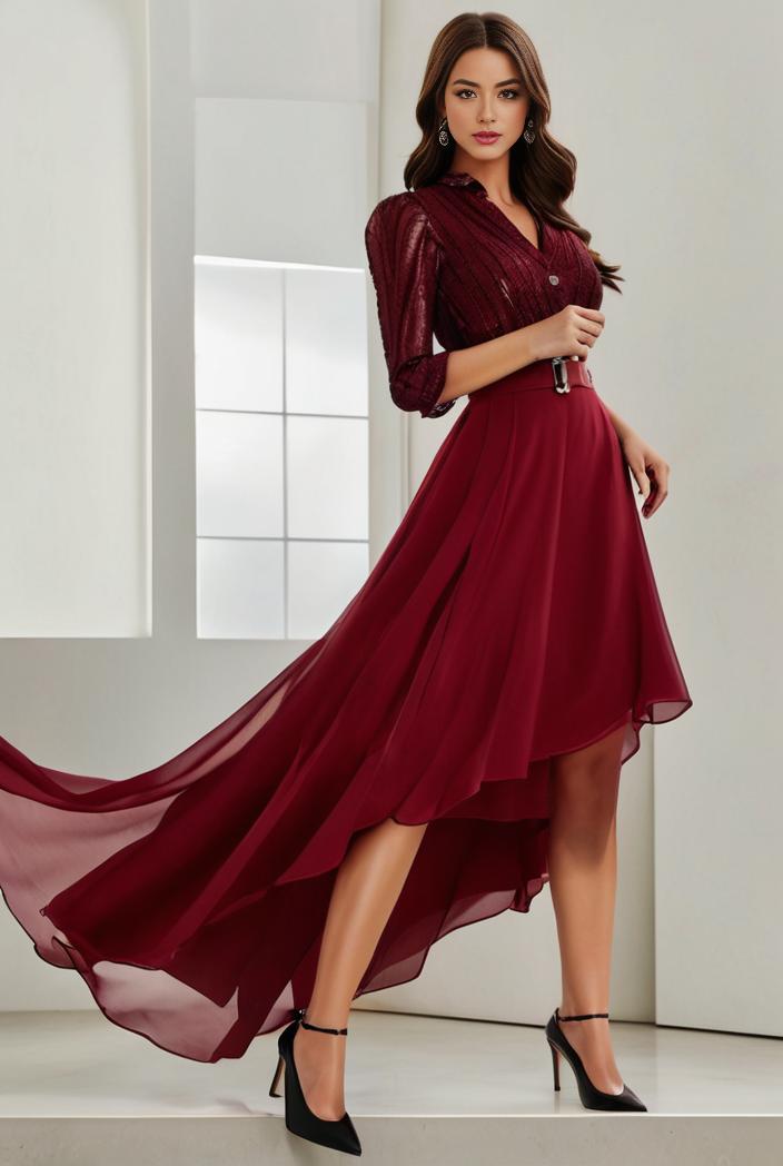 3 4 sleeve sheer sequin stripe high low hem evening dress 133061