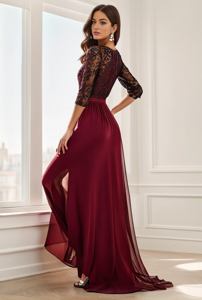 3 4 sleeve sheer sequin stripe high low hem evening dress 133067