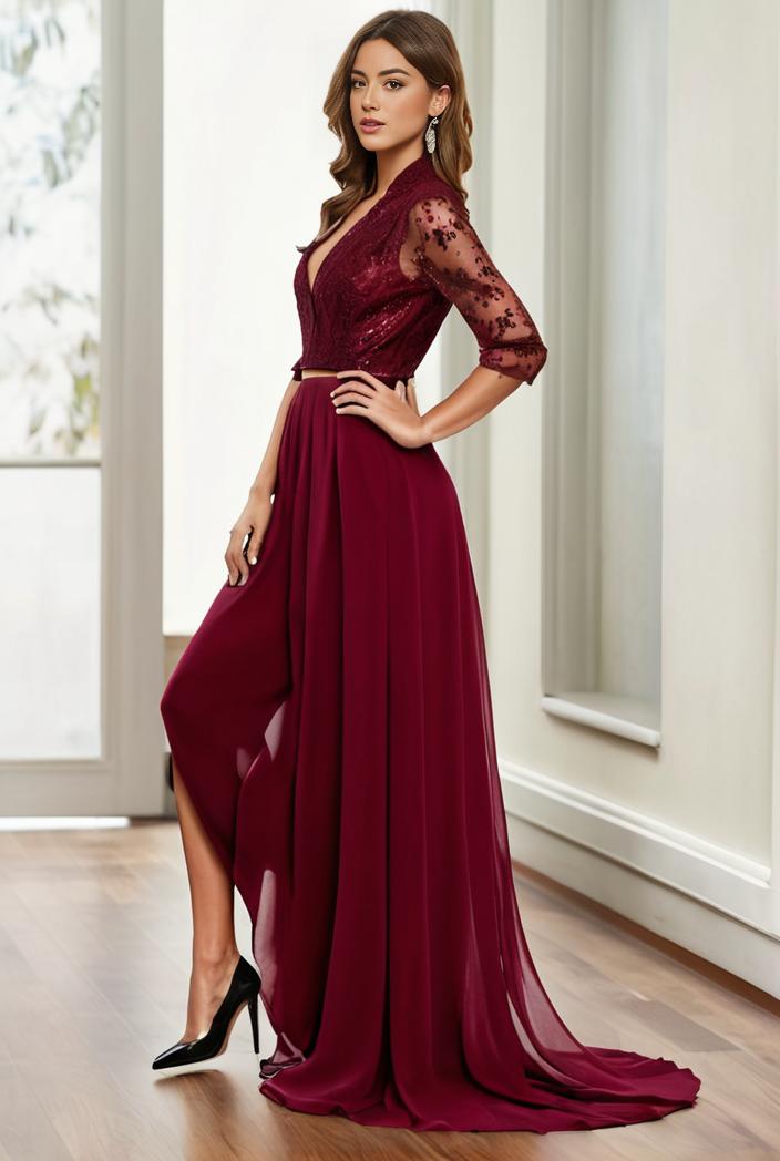 3 4 sleeve sheer sequin stripe high low hem evening dress 133070