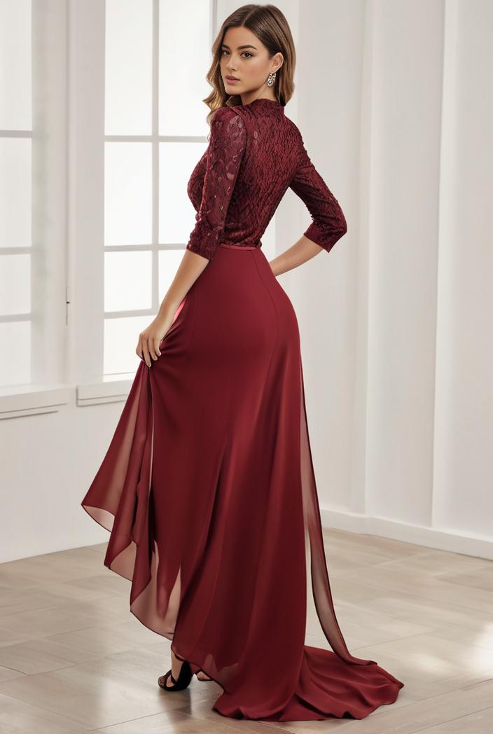 3 4 sleeve sheer sequin stripe high low hem evening dress 133074