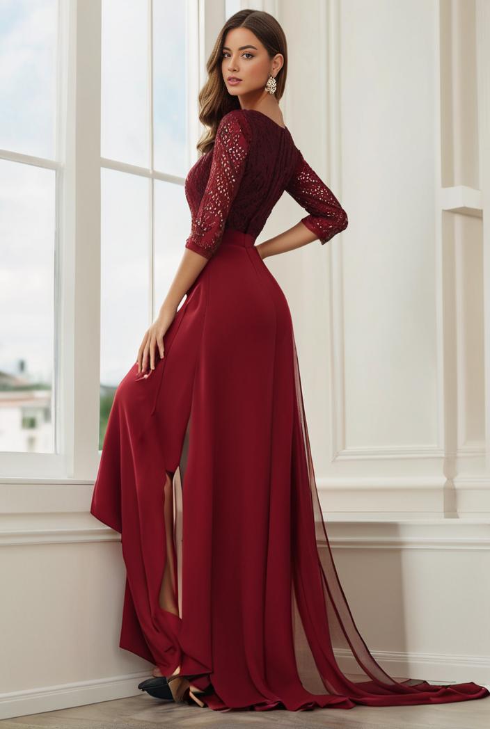 3 4 sleeve sheer sequin stripe high low hem evening dress 133075